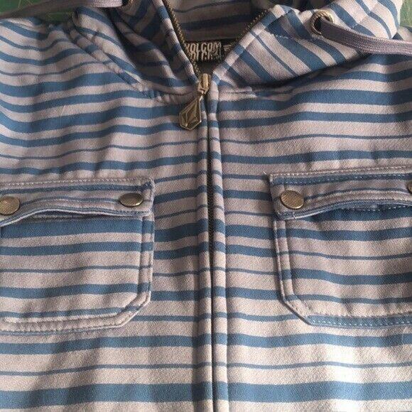Volcom Woman's Blue Gray Striped Zip Long Sleeve Hoodie Size Large Snap Pockets - Picture 4 of 6